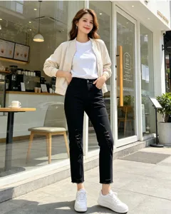 Women's slim fit ripped cropped jeans with raw hem, high waisted stretch black denim pants.