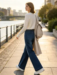 Women high waisted loose straight leg denim jeans stretch washed casual long pants