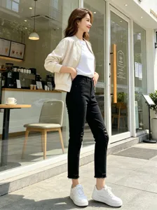 Women's slim fit ripped cropped black jeans with raw hem, high stretch casual denim pants.