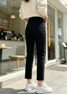 Women slim ripped cropped black jeans high waist raw hem denim pants casual streetwear