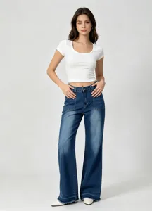 Women high waist loose straight leg denim jeans casual washed denim long trousers