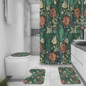 Vintage botanical floral print bathroom four-piece set including shower curtain and mats detail view.