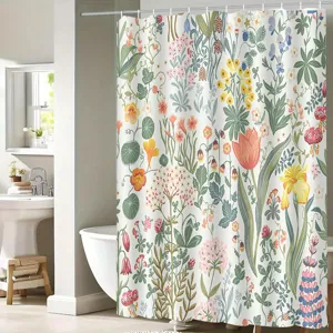 Detailed view of the vintage botanical floral shower curtain in a clean bathroom setting.