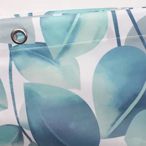 Waterproof polyester shower curtain with blue leaf pattern and metal grommets for bathroom.