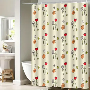 Waterproof fabric shower curtain with hand-drawn floral tulip pattern for modern bathroom decor.