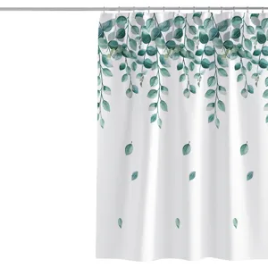 Waterproof polyester shower curtain with fresh green watercolor eucalyptus leaves design.