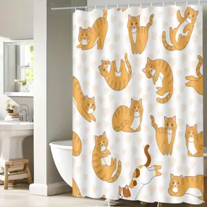 waterproof shower curtain with cute orange cat pattern for bathroom home decoration