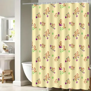 Detailed view of the yellow shower curtain with cute bird and floral pattern in bathroom.