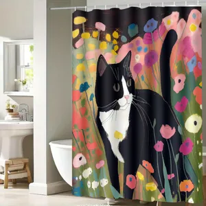Detailed view of the artistic black and white cat shower curtain in a modern bathroom setup.