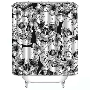Waterproof black and white skull floral shower curtain for bathroom decor, durable fabric.