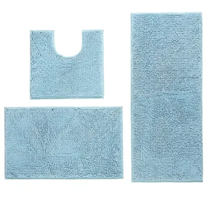 Hellblaue Chenille Badteppich Set 3 Stk saugfähig rutschfeste WC Badematten Heimdekoration