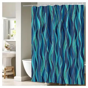 Waterproof mold-resistant bathroom shower curtain with modern blue wave pattern main view