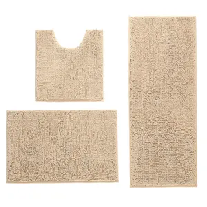 Chenille Badteppich Set 3-teilig saugfaehige Badematte und WC Vorleger in Beige fuer Bad