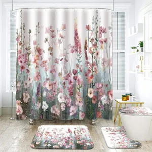 Waterproof Polyester Shower Curtain Set Retro Floral Digital Printed Bathroom Decor With Non-Slip Floor Mats