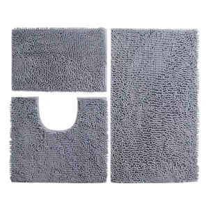 Graues Chenille Badteppich 3-teiliges Set saugfähige rutschfeste Badezimmer Fußmatte neu
