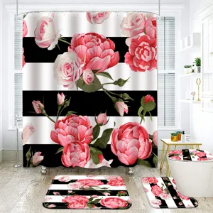 Waterproof shower curtain set with vintage pink roses and black white stripes for bathroom decor