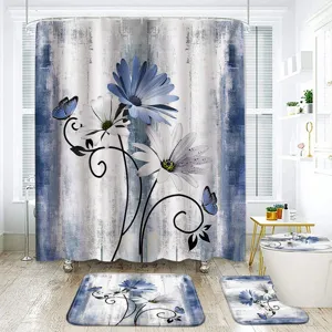 Retro daisy digital print shower curtain bathroom four-piece set with non-slip mats