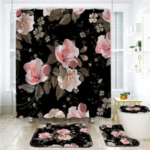 Vintage Floral Shower Curtain Bathroom 4-Piece Set Black Background Waterproof Fabric Mat