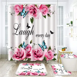 Bathroom shower curtain set with pink roses and blue butterflies pattern, waterproof fabric.