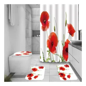 Red poppy flower print shower curtain and bathroom mat set, modern waterproof fabric decor.