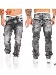 Men's Hip Hop Casual Straight Leg Denim Pants Washed Cotton Jeans With Contrast Stitching And Embroidery