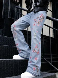 Jean Denim Bootcut Streetwear pour Hommes Vintage Lavé Délavé Broderie Florale Pantalon Long Décontracté