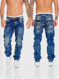 Men's blue denim jeans straight leg casual trousers stylish contrast stitching apparel