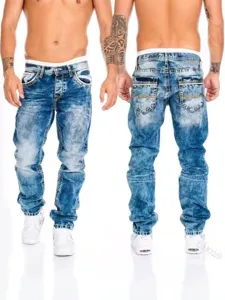 Men's Slim Straight Jeans Light Wash Distressed Hip Hop Denim Trousers Casual Pants