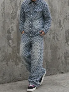 Chaqueta Vaquera de Lavado Desgastado Borde Sin Rematar y Pantalones Rectos para Hombre Conjunto Casual de Dos Piezas Vintage Americano
