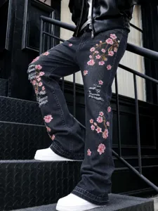 Men's Casual Straight Leg Denim Jeans Vintage Washed Stretch Cotton Pants With Plum Blossom Embroidery Streetwear