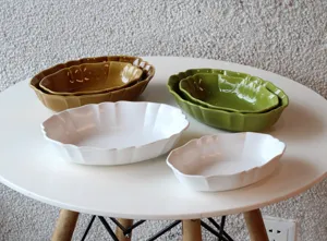 Retro Japanese wavy ceramic oval baking dish, deep plate for curry, salad and baking use.