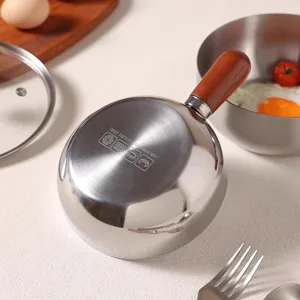 Stainless Steel Ramen Bowl Small Milk Pot With Walnut Wood Handle Household Cooking Pot Mini Cookware Kitchen Tool