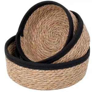 Woven storage basket set natural straw round desktop organizer with black fabric trim main view