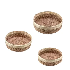 Round woven storage basket desktop organizer seagrass snack cosmetic basket for home decor 3pcs