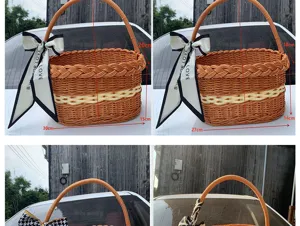 Cesta de almacenamiento de mimbre retro con lazo, ideal para regalos, flores y fruta.