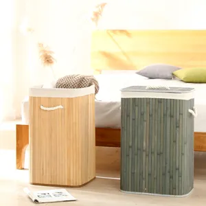 Bamboo folding laundry basket with lid and rope handles for clothes and toy storage bin