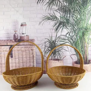 Detailed view of brown woven wicker picnic basket with handle and stable base for home use.