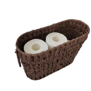 Cesta de almacenamiento tejida marrón oscuro para artículos del hogar y papel higiénico.