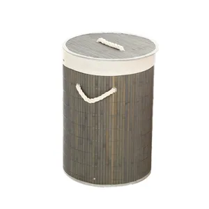 Cylindrical bamboo laundry basket with lid and rope handles for home storage hamper