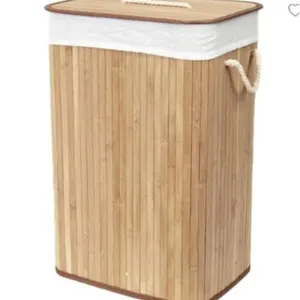 Bamboo folding laundry hamper with lid, fabric liner and rope handles for clothes and toys.