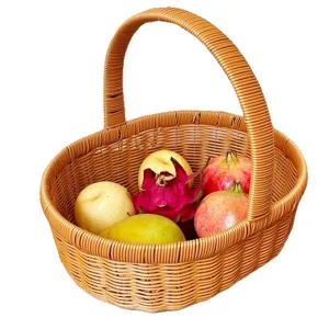 Woven rattan-style plastic fruit basket with handle for picnic, shopping and home storage.