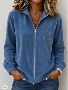 Women's Casual Corduroy Jacket Solid Color Zipper Lapel Long Sleeve Top Outerwear With Chest Pocket Minimalist Autumn Fashion Coat
