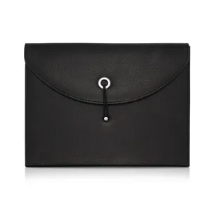 Borsa per documenti A4 in pelle nera, cartella a busta minimalista con anello in metallo.
