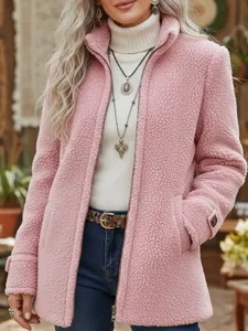 Women pink sherpa fleece zip up jacket casual winter outerwear with stand collar pockets