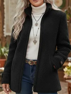 Women's winter solid color stand collar fleece zip up jacket casual long sleeve outerwear.