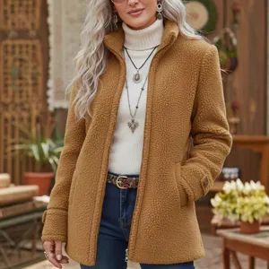 Women's Loose Casual Polar Fleece Jacket Stand Collar Full Zip Solid Color Winter Outwear With Pockets Splicing Warm Jacket