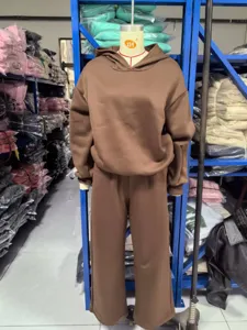 Women brown fleece lined hooded sweatshirt and wide leg sweatpants two piece set autumn winter