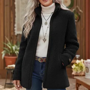 Women black fleece zip up jacket casual winter stand collar warm outerwear for ladies.