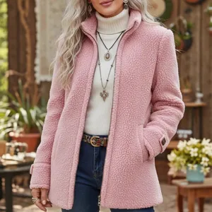 Women's Winter Pink Sherpa Fleece Zip-Up Jacket Stand Collar Casual Long Sleeve Outerwear