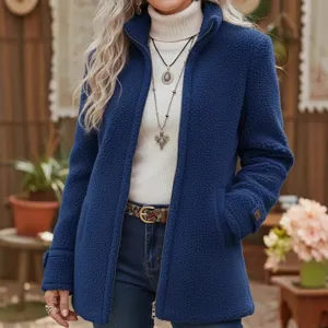 Women Winter Casual Solid Color Stand Collar Long Sleeve Sherpa Fleece Zip Up Jacket